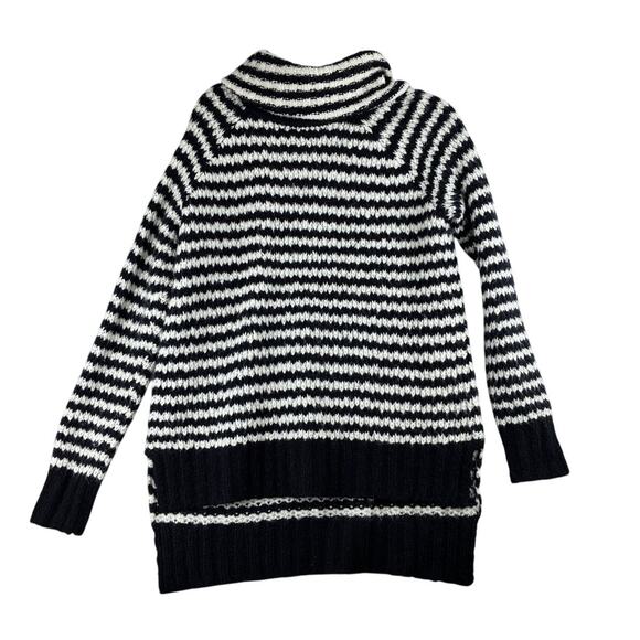 ANA Cowl Chunky Knit Sweater Women's M Tall Black White Striped Wool Blnd Hi Low - Picture 1 of 10